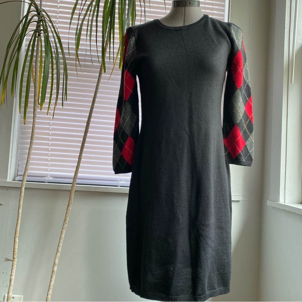 LAUNDRY Women's Black Knit Mini Dress Red Diamond Plaid Sleeves Size S